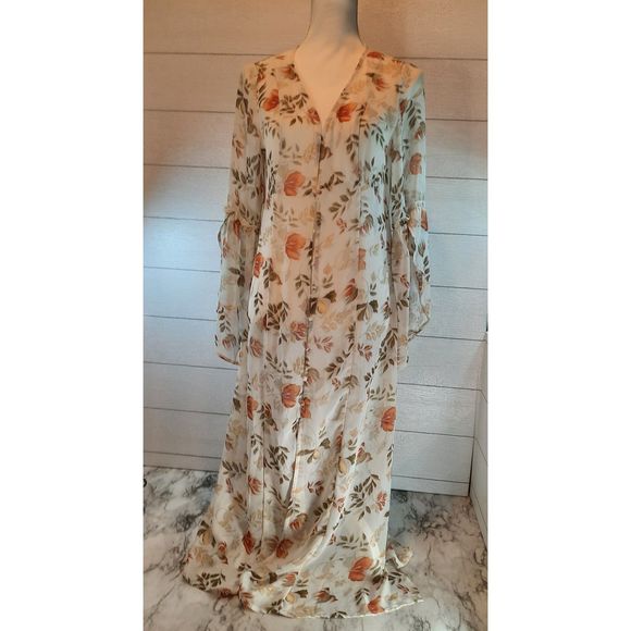 UMGEE Floral Print Sheer Buttoned Front Bell Sleeves Maxi Dress Cardigan Sz S - Picture 1 of 13